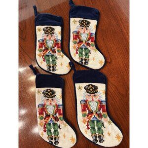 4 Vtg Nutcracker Needlepoint Christmas Stocking Blue Velvet Wool Lillian Vernon